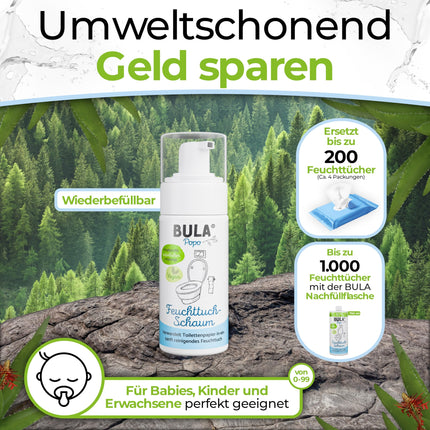BULA® Popo (zīdaiņiem un tualetes papīram) mitrās salvetes putas 150 ml jūsu tualetes papīram | ilgtspējīga alternatīva vairāk nekā 200 mitrajām salvetēm | dabīgas sastāvdaļas