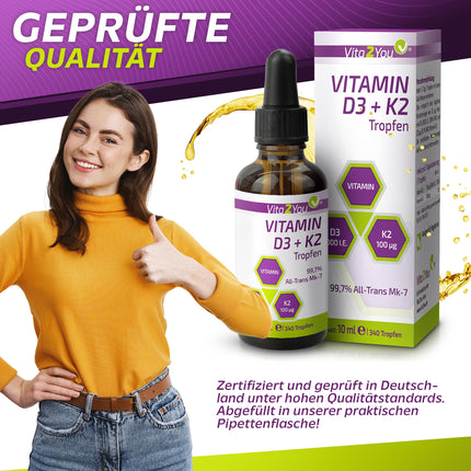Vita2You D3 + K2 vitamīna pilieni - D3 vitamīns 5000 SV - K2 vitamīns 100µg vienā pilienā - K2VITAL - MK-7 - 99,7% All-Trans - MCT eļļa - Augstākās kvalitātes - Ražots Vācijā