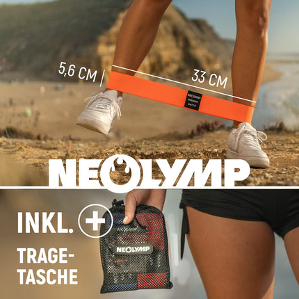 NEOLYMP īsās auduma fitnesa lentes ar fitnesa treniņu programmas e-grāmatu — mazgājamas pretestības lentes, pretestības lentes, vingrošanas lente, fitnesa lente, treniņu lentes, pievilkšanās lentes (5 gabalu komplekts)