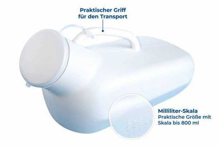 Maximex urīna pudelīte Unisex, ar cieši aizveramu aizdari un mērogu līdz 800 ml, piemērota arī sievietēm, izmēri (platums x augstums x dziļums): 32,5 x 15 x 10 cm
