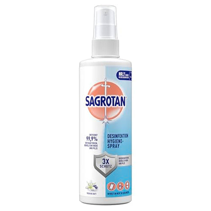 Sagrotan higiēnas pumpja aerosols – dezinfekcijas līdzeklis tekstilizstrādājumiem un virsmām mājās – 2 x 250 ml aerosola pudeles praktiskā izdevīgā iepakojumā