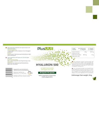 PlusVive hialuronskābes kapsulas ar augstu devu I 1 x 90 kapsulas ar ābolu ekstraktu I 500 mg hialuronskābes ar 500–700 kD vienā kapsulā I Hialuronskābes kapsulas I Uztura bagātinātājs Vegāns un laboratoriski pārbaudīts
