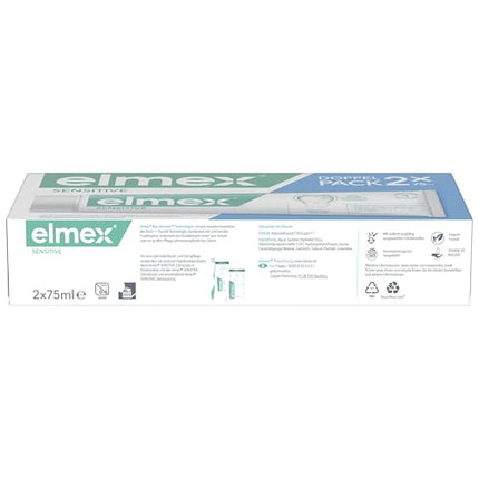 elmex Sensitive zobu pasta 2x75ml – maiga zobu tīrīšana un aizsardzība jutīgiem zobiem – klīniski pierādīta stipru zobu uzturēšanai un aizsardzībai pret kariesu