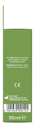 Ritex BIO lubrikants, 50 ml, vegāns un nav testēts uz dzīvniekiem, bez smaržvielām un krāsvielām, PEG, parabēniem un citiem konservantiem, ražots Vācijā