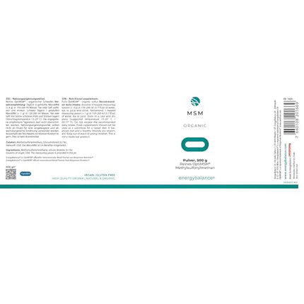 EnergyBalance OptiMSM - 100% tīrs pulveris, augsta deva, dabīgs, metilsulfonilmetāns - bez cukura, bez piedevām - Šveices kvalitāte - 500 g