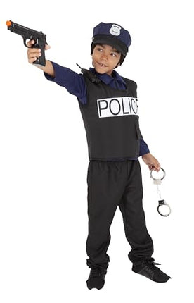 RUBIE'S policijas kostīms bērniem – izmērs 5-7 gadi – ļoti pilns kostīms ar kreklu, biksēm, krūšu bruņām, cepuri, roku dzelžiem, pistoli, rāciju – karnevālam, dzimšanas dienai