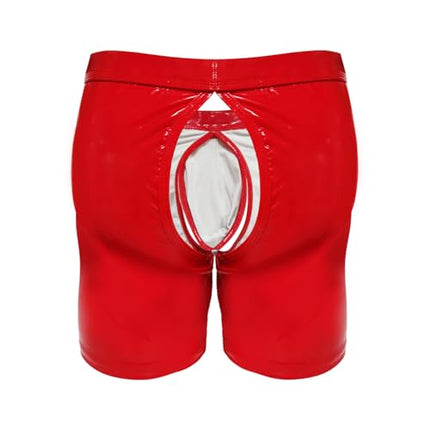 Bodywear4you vīriešu ādas bokseršorti ar spīdīgu lakādas izskatu, atvērta dibena daļa, seksīga apakšveļa ar mitru izskatu, vīriešu apakšveļa, kluba apģērba apakšbiksītes ar stringiem un atvērtu kājstarpi, šorti ar abpusēju izgriezumu (sarkani, XL)