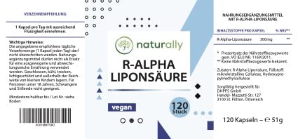 dabīgas R alfa lipoīnskābes kapsulas [120 kapsulas] – 300 mg augsta deva, vegāns, ražots Vācijā