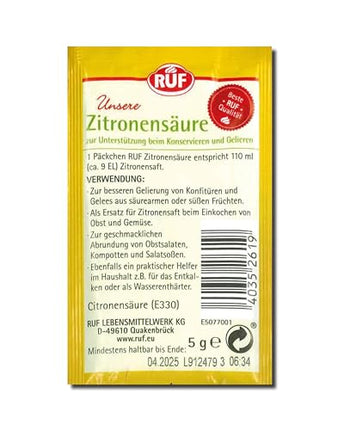 RUF citronskābe, ievārījumu želejveida konsistencei un konservēšanai, kā garšas pastiprinātājs augļu salātiem un salātu mērcēm, tīrīšanai un atkaļķošanai, 6 x 5 g