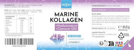 Augstākās kvalitātes jūras kolagēna kombinācija 1000 mg + Q10, hialuronskābe, varš, mangāns, C vitamīns, cinks un biotīns veicina normālas ādas un matu veselības uzturēšanu; Ražots Austrijā, uzņēmumā VROODY - testa rezultāts ĻOTI LABS!