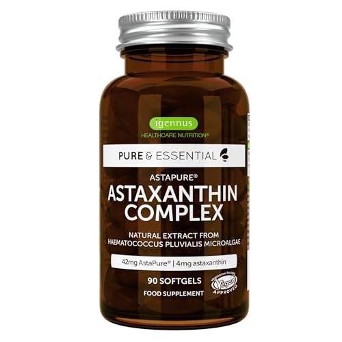Astaksantīna komplekss, vegāniski un dabiski antioksidanti no 42 mg AstaPure, ar 4 mg astaksantīna + luteīnu un zeaksantīnu, 90 mīkstās kapsulas, ražotājs Igennus