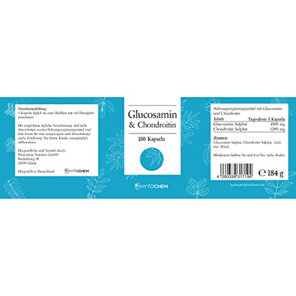 Phytochem glikozamīna un hondroitīna 180 kapsulas, augsta deva, 2700 mg dienā, bez piedevām un laboratoriski pārbaudītas