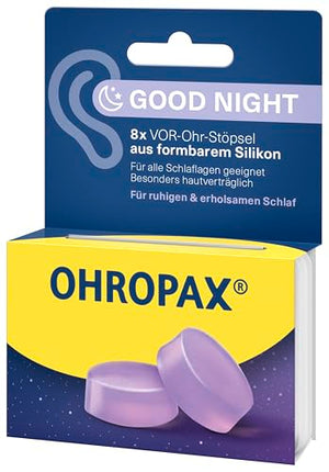 OHROPAX Good Night ausu aizbāžņi – no formējama silikona izgatavoti priekšausu aizbāžņi – piemēroti visām ausīm un visām gulēšanas pozām – skaņas izolācijas vērtība SNR 23 dB – mierīgam un atslābinošam miegam – 8 gabali