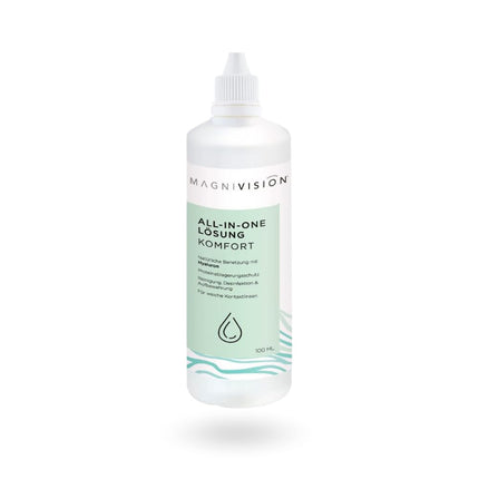 MAGNIVISION All-in-One Solution Comfort, 100 ml (ceļojuma izmērs) mīkstajām kontaktlēcām, mīksto kontaktlēcu tīrīšanai un uzglabāšanai, bez borāta, ražots Eiropā