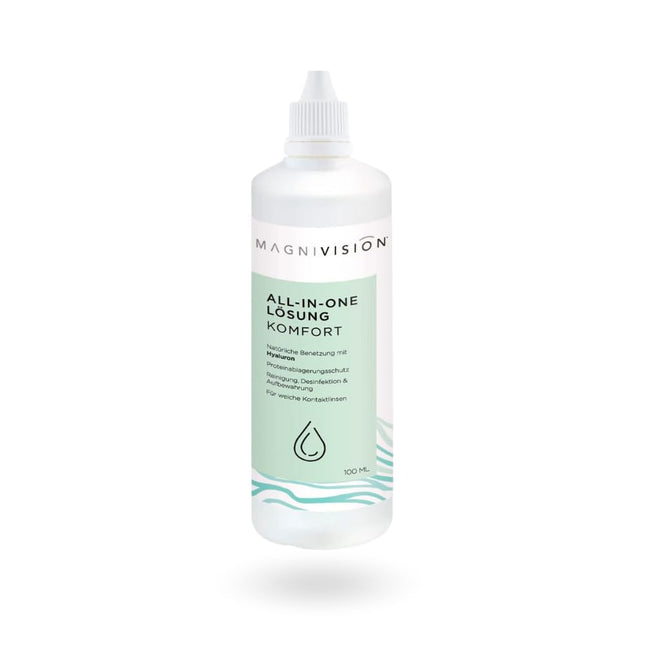 MAGNIVISION All-in-One Solution Comfort, 100 ml (ceļojuma izmērs) mīkstajām kontaktlēcām, mīksto kontaktlēcu tīrīšanai un uzglabāšanai, bez borāta, ražots Eiropā