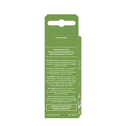 Ritex BIO lubrikants, 50 ml, vegāns un nav testēts uz dzīvniekiem, bez smaržvielām un krāsvielām, PEG, parabēniem un citiem konservantiem, ražots Vācijā