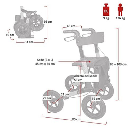 Antar ceļojumu rollators ar pneimatiskajām riepām, vairākkārt salokāms transportēšanai. AT51036