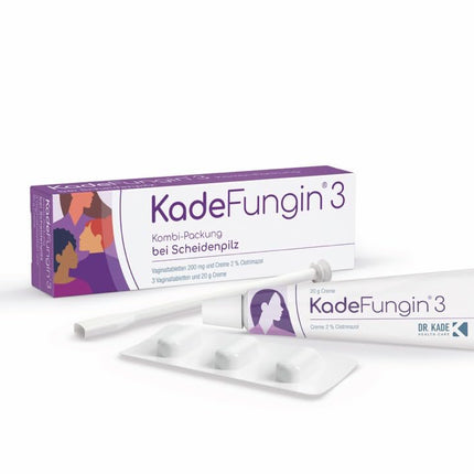 KadeFungin 3 kombinētais iepakojums: 3 dienu ārstēšana maksts rauga infekciju gadījumā ar 3 maksts tabletēm (katra 200 mg klotrimazola) un 2% klotrimazola krēmu