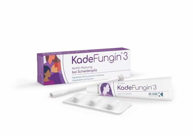 KadeFungin 3 kombinētais iepakojums: 3 dienu ārstēšana maksts rauga infekciju gadījumā ar 3 maksts tabletēm (katra 200 mg klotrimazola) un 2% klotrimazola krēmu