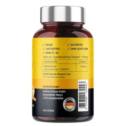 Redfood® Nattokināzes kapsulas ar augstu devu 290 kapsulas pa 100 mg katra (20 000 FU/g) - 9 mēnešu krājumi - laboratoriski pārbaudīts un vegāns - natto no fermentēta sojas pupiņu ekstrakta - bez nevēlamām piedevām