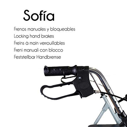 Mobiclinic®, Rollators, Lieli riteņi ceļam, Salokāms, Ar auduma grozu un sēdekli, Izgatavots no alumīnija, Viegls, Izturīgs, Bremzējoši rokturi, Eiropas zīmols, Modelis Sofia, Pelēks