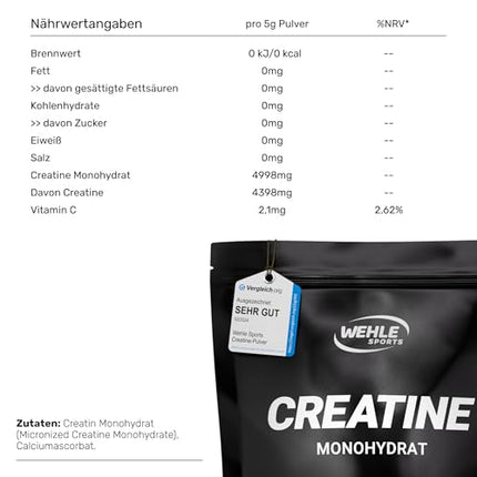 Kreatīna monohidrāts 1kg pulveris Tīrs mikronizēts kreatīns Kvalitatīva sieta 200 - optimāli augsta deva 100% vegāns - Wehle Sports (1000g)