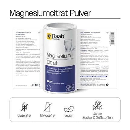 Raab Vitalfood® magnija citrāta pulveris (340 g) – 100% magnija citrāts bez piedevām, viegli dozējams, ideāli piemērots sportistiem – muskuļiem, nerviem, elektrolītu līdzsvaram – laboratoriski pārbaudīts, vegāns