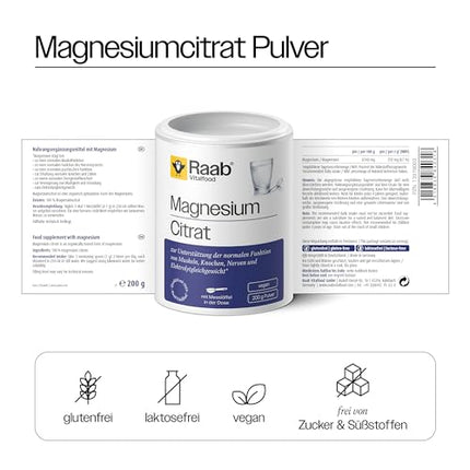 Raab Vitalfood® magnija citrāta pulveris (200 g) - 100% magnija citrāts bez piedevām, viegli dozējams, ideāli piemērots sportistiem - muskuļiem, nerviem, elektrolītu līdzsvaram - laboratoriski pārbaudīts, vegāns