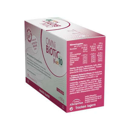OMNi BiOTiC 10 bērniem | 20 porcijas (50 g) | 10 baktēriju celmi | 10 miljardi baktēriju vienā dienas devā | Pulveris | Ar inulīnu | Vegāns | Bez glutēna | Bez laktozes | Ikdienas lietošanai