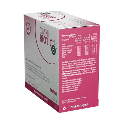 OMNi BiOTiC 6 | Stikls | 60 porcijas (120 g) | 6 baktēriju celmi | 4 miljardi baktēriju vienā dienas devā | Pulveris | Ar inulīnu | Vegāns | Bez glutēna | Bez laktozes | Ikdienas lietošanai