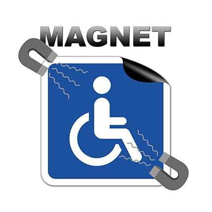1x magnētiska zīme ratiņkrēsla lietotājam 15x15cm + 2x uzlīme invalīdu zīmei ar magnētisko foliju automašīnas ratiņkrēslam no STROBO