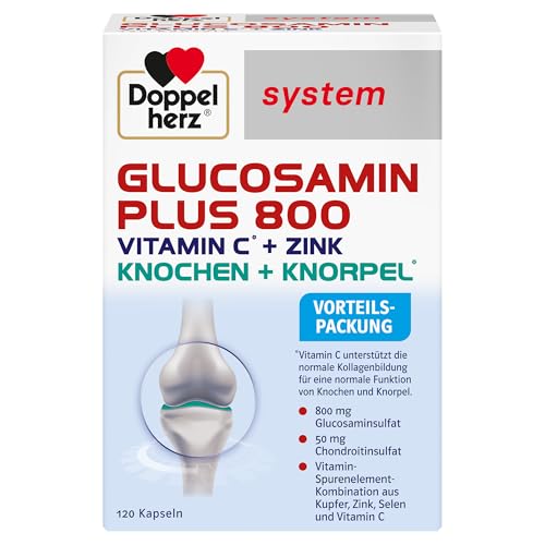 Doppelherz sistēma GLUCOSAMIN 800 PLUS – Ar C vitamīnu, kas veicina normālu kolagēna veidošanos normālai skrimšļu funkcijai – 120 kapsulas