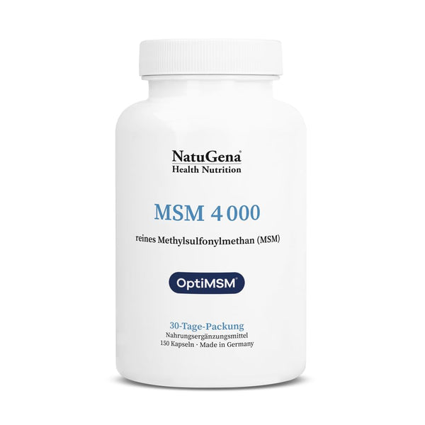 NatuGena MSM 4000, 4000 mg tīra metilsulfonilmetāna (MSM) vienā dienas devā, iegūts no izejvielas OptiMSM, 150 kapsulas (30 dienu iepakojums)