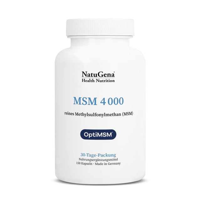 NatuGena MSM 4000, 4000 mg tīra metilsulfonilmetāna (MSM) vienā dienas devā, iegūts no izejvielas OptiMSM, 150 kapsulas (30 dienu iepakojums)