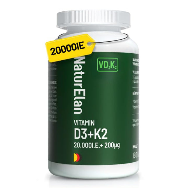 D3 un K2 vitamīna kapsulas ar augstu devu - 20000 SV. + K2 MK7 vitamīns 200 mcg devā, 180 veģetārās kapsulas, bez piedevām, ražots Vācijā