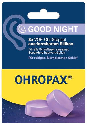 OHROPAX Good Night ausu aizbāžņi – no formējama silikona izgatavoti priekšausu aizbāžņi – piemēroti visām ausīm un visām gulēšanas pozām – skaņas izolācijas vērtība SNR 23 dB – mierīgam un atslābinošam miegam – 8 gabali