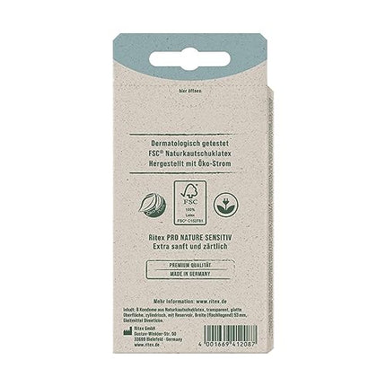 Ritex Pro Nature Sensitive prezervatīvi – dabiski īpaši mitrinoši – ilgtspējīgi godīgi. Ražoti Vācijā, 16 gabali.