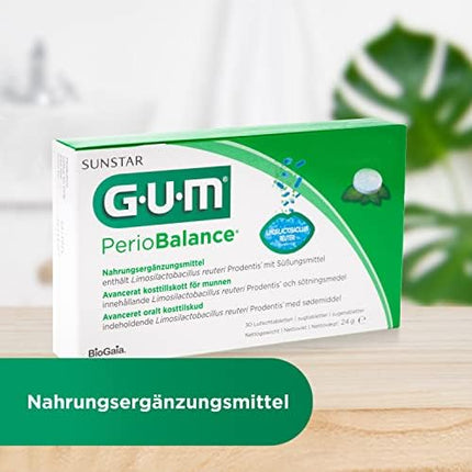 GUM PerioBalance sūkājamās tabletes/Uztura bagātinātājs smaganām/Satur patentētu baktēriju Limosilactobacillus reuteri Prodentis/Patīkama piparmētru garša/2x30 (+1 bezmaksas paraugs)