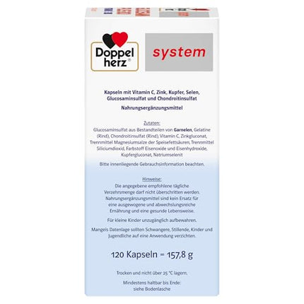 Doppelherz sistēma GLUCOSAMIN 800 PLUS – Ar C vitamīnu, kas veicina normālu kolagēna veidošanos normālai skrimšļu funkcijai – 120 kapsulas