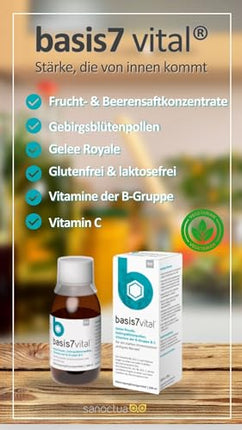 Basis 7 Vital imūnsistēmas un nervu sistēmas stiprināšanai ar Sanoctua, dabīgs imunitātes līdzeklis dzeršanai ar peru pieniņu, vērtīgiem vitamīniem un minerālvielām, 100 ml