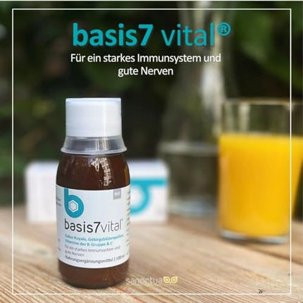 Basis 7 Vital imūnsistēmas un nervu sistēmas stiprināšanai ar Sanoctua, dabīgs imunitātes līdzeklis dzeršanai ar peru pieniņu, vērtīgiem vitamīniem un minerālvielām, 100 ml