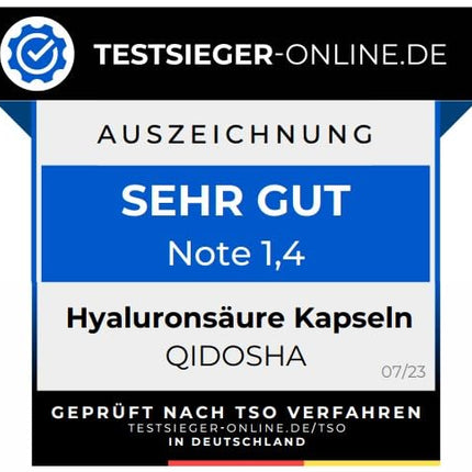 QIDOSHA® Premium hialuronskābes kapsulas, TESTA UZVARĒTĀJS 07/23*, augsta molekulmasa 1,5–2 miljoni daltonu (parastais tirgus: 0,5 miljoni), 250 mg/kapsula, 90 gab./aptiekas burciņā, vegāns, dabiski fermentēts