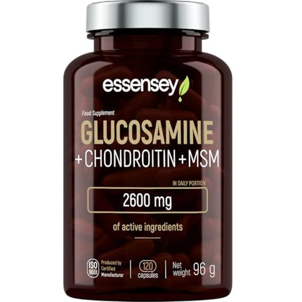 ESSENSEY - Glikozamīns un hondroitīns MSM I 2600 mg aktīvās vielas uz ieteicamo dienas devu I 120 kapsulas I MSM 600 mg I 30 dienas devas I Viegli norijamas