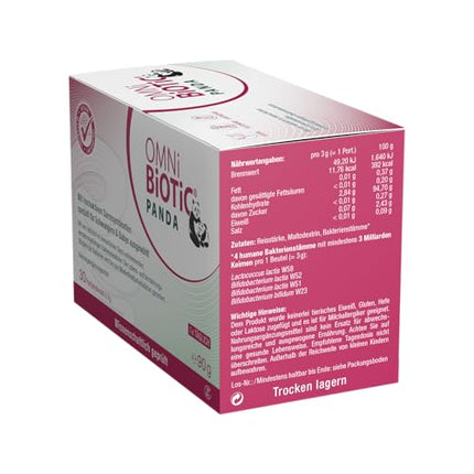 OMNi BiOTiC PANDA, 30 porcijas (90 g), 4 baktēriju celmi, 3 miljardi baktēriju vienā dienas devā, pulveris, vegāns, bez glutēna, bez laktozes, ikdienas lietošanai, piemērots mātei un bērnam
