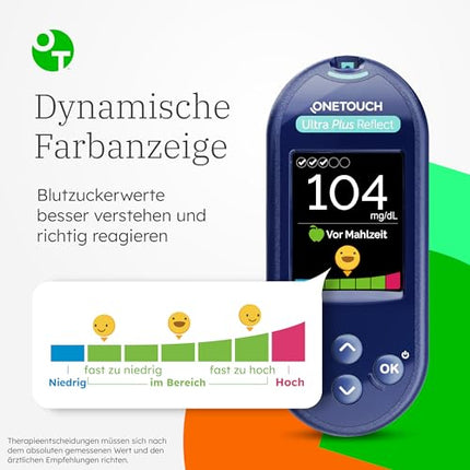 OneTouch Ultra Plus Reflect asins glikozes līmeņa kontroles sistēma diabēta (cukura slimības) ārstēšanai, ieskaitot 1 asins glikozes mērītāju (mg/dl), 40 testa strēmeles, 1 lancetes, 40 lancetes, 1 pārnēsāšanas maciņu, 2 baterijas