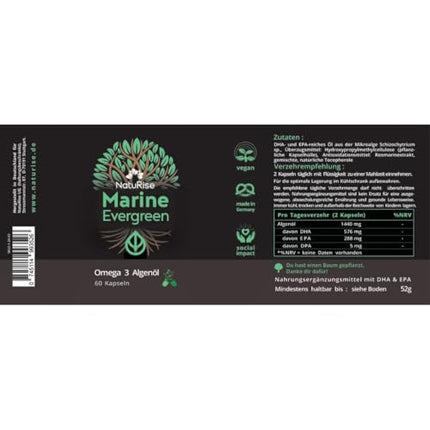 NatuRise® Omega 3 vegāns – aļģu eļļa – 804 mg DHA un EPA – augsta deva – 60 kapsulas – jauna formula – laboratorijas tests – triglicerīdu forma – bez karagināna – UV stikls
