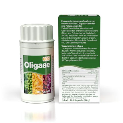 Oligase 600, fermentu maisījums gāzu veidošanās veicinošu ogļhidrātu sagremošanai, gremošanas fermenti vēdera uzpūšanās un kuņģa sāpju mazināšanai, bez glutēna un fruktozes, piemērots veģetāriešiem, 100 kapsulas