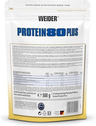 Weider - Protein 80 Plus - 4 komponentu proteīna pulveris - Augsts proteīna saturs ar 80% proteīna - Krēmīgi kokteiļi ar kalciju un B6 vitamīnu - 500g - Vaniļa