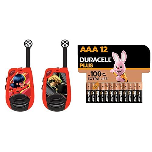 Lexibook Miraculous Ladybug Cat Noir, rācijas, darbības rādiuss 2 km, gaismas Morzes funkcija, jostas klipsis, bērniem, baterija, sarkana, TW25MI + Duracell Plus baterijas AAA, 12 iepakojums, ilgstoša jauda, ​​AAA