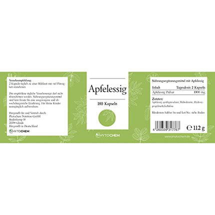 Phytochem ābolu sidra etiķis 180 kapsulas, augsta deva ar 500 mg ābolu sidra etiķa pulvera vienā kapsulā, vegāns un bez piedevām, laboratorijā pārbaudīts, 3 mēnešu krājums